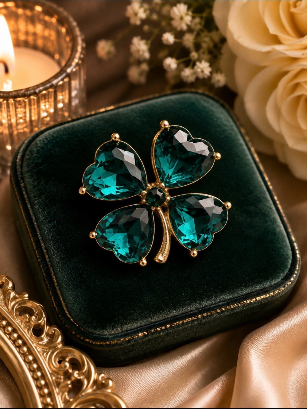 Gold Shamrock Brooch with Teal Heart Crystals